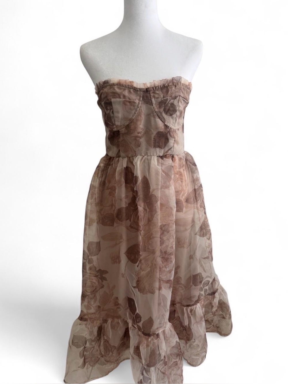 Strapless Floral Midi Dress in Taupe Rose